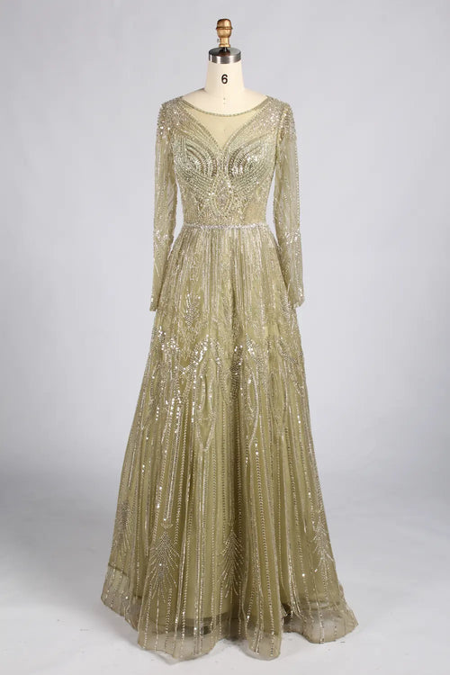 Sage green long-sleeve beaded A-line gown with V neckline and waist belt