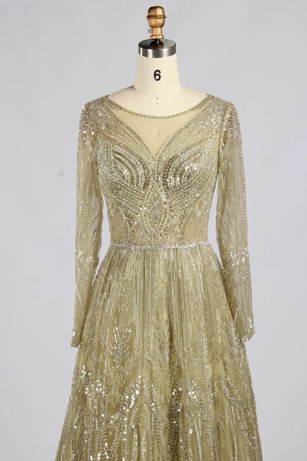 Elegant Sage Green Long-Sleeve Beaded A-Line Mother of the Groom Dress MC180