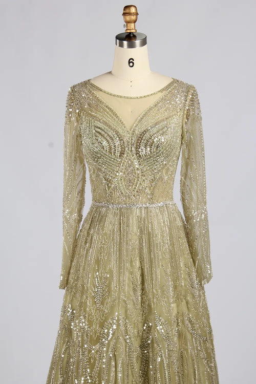 Sage green long-sleeve beaded A-line gown with V neckline and fitted waist