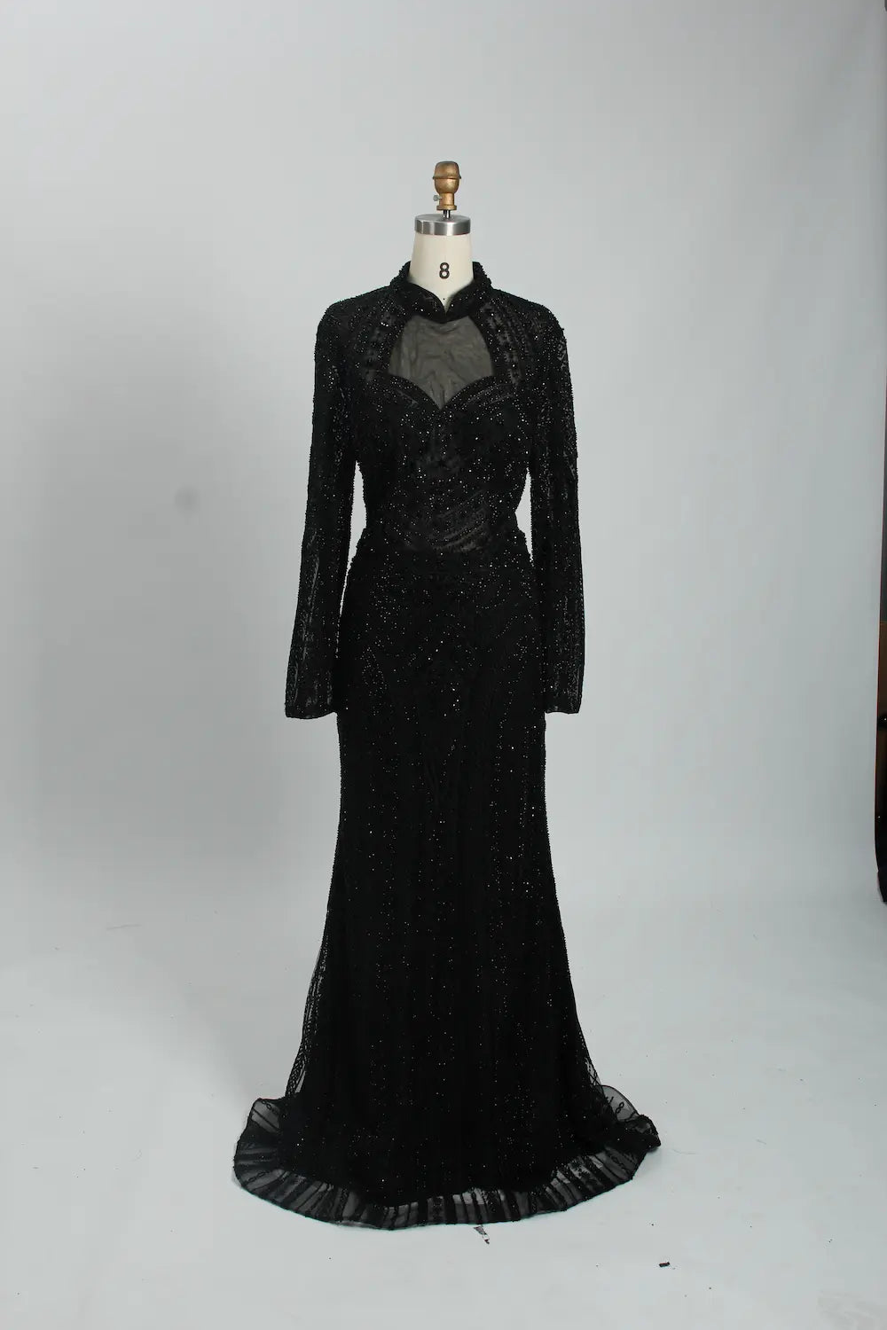 Beaded Fit-and-Flare Mother of the Bride Dress with Long Sleeves MK097