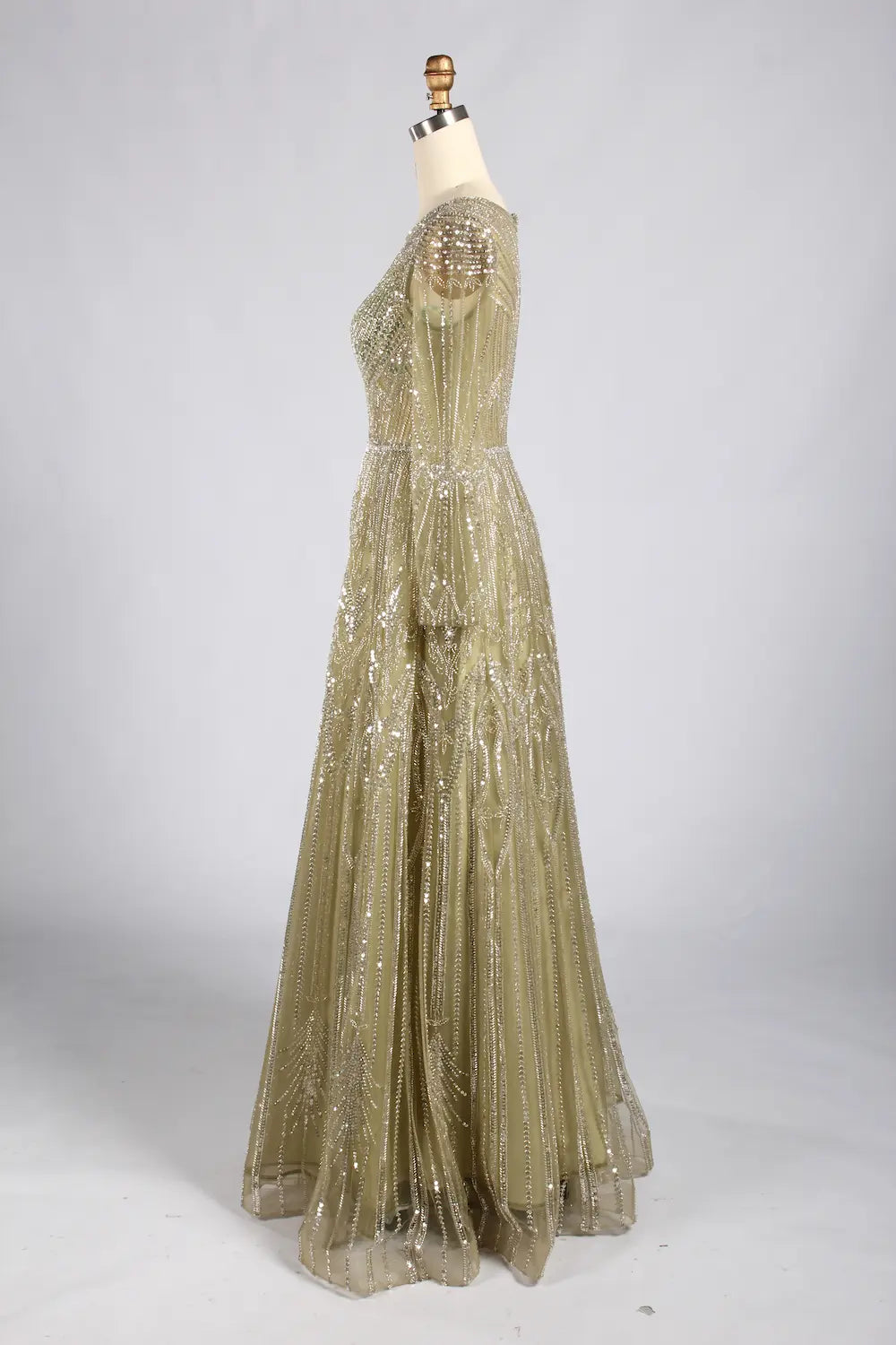 Elegant Sage Green Long-Sleeve Beaded A-Line Mother of the Groom Dress MC180