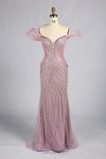 Blush off-shoulder sequin mermaid gown with trumpet silhouette and mesh fabric