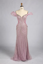 Blush off-shoulder sequin mermaid gown with trumpet silhouette and mesh fabric
