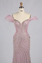 Blush off-shoulder sequin mesh mermaid gown with sweetheart neckline
