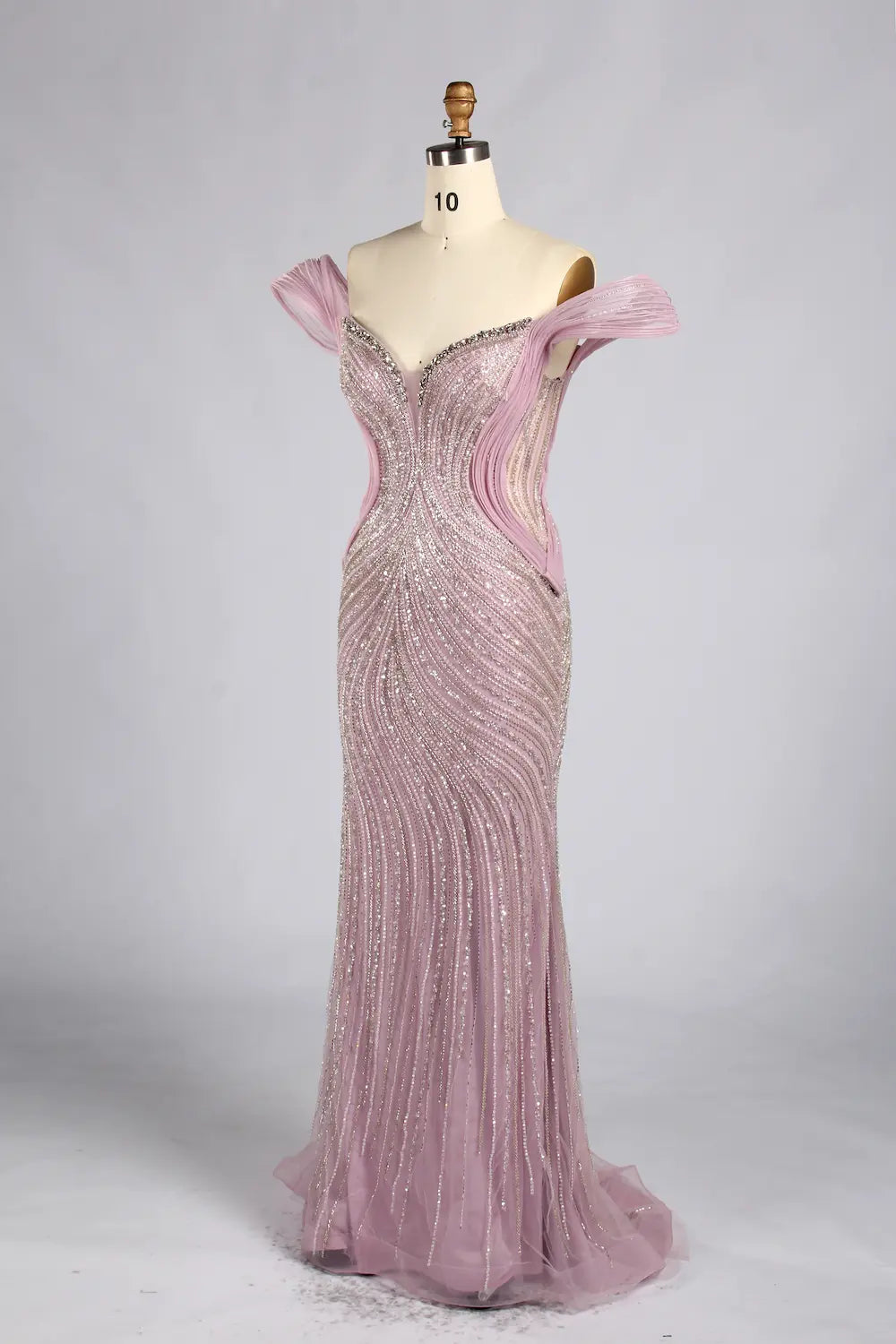 Blush off-shoulder sequin mermaid dress with fitted trumpet skirt and tulle hem