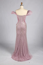 Blush off-shoulder sequin mesh mermaid gown with V-back and fitted trumpet skirt