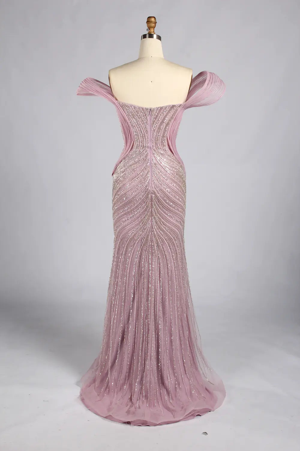 Blush off-shoulder sequin mesh mermaid gown with V-back and fitted trumpet skirt