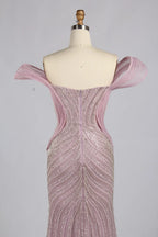 Blush off-shoulder sequin mesh mermaid gown with sweetheart yoke and sculpted seams