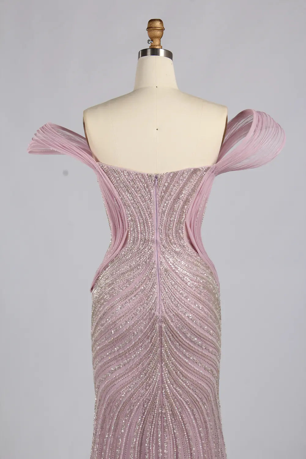 Blush off-shoulder sequin mesh mermaid gown with sweetheart yoke and sculpted seams