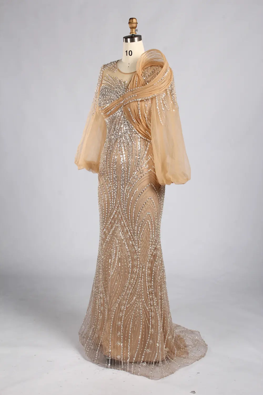 hampagne Gold Beaded Mermaid Evening Gown with Long Puff Sleeves MC183