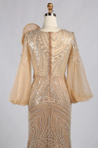 hampagne Gold Beaded Mermaid Evening Gown with Long Puff Sleeves MC183