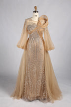 hampagne Gold Beaded Mermaid Evening Gown with Long Puff Sleeves MC183