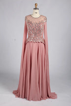 Dusty pink A-line chiffon gown with beaded cap sleeves and embellished waist detail