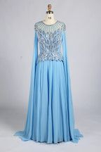 Light blue A-line chiffon gown with beaded crew neckline and long sleeves