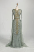 Sage Green Sequine Beaded Neckline Cape Sleeves Evening Dress MC153