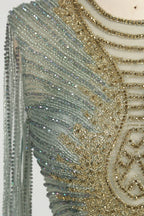 Sage Green Sequine Beaded Neckline Cape Sleeves Evening Dress MC153