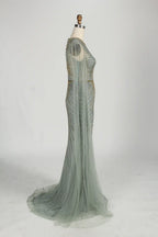 Sage Green Sequine Beaded Neckline Cape Sleeves Evening Dress MC153