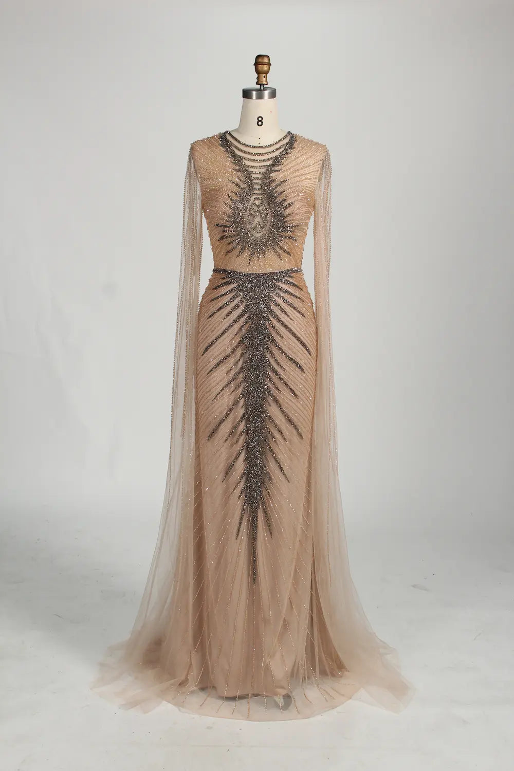 Sage Green Sequine Beaded Neckline Cape Sleeves Evening Dress MC153