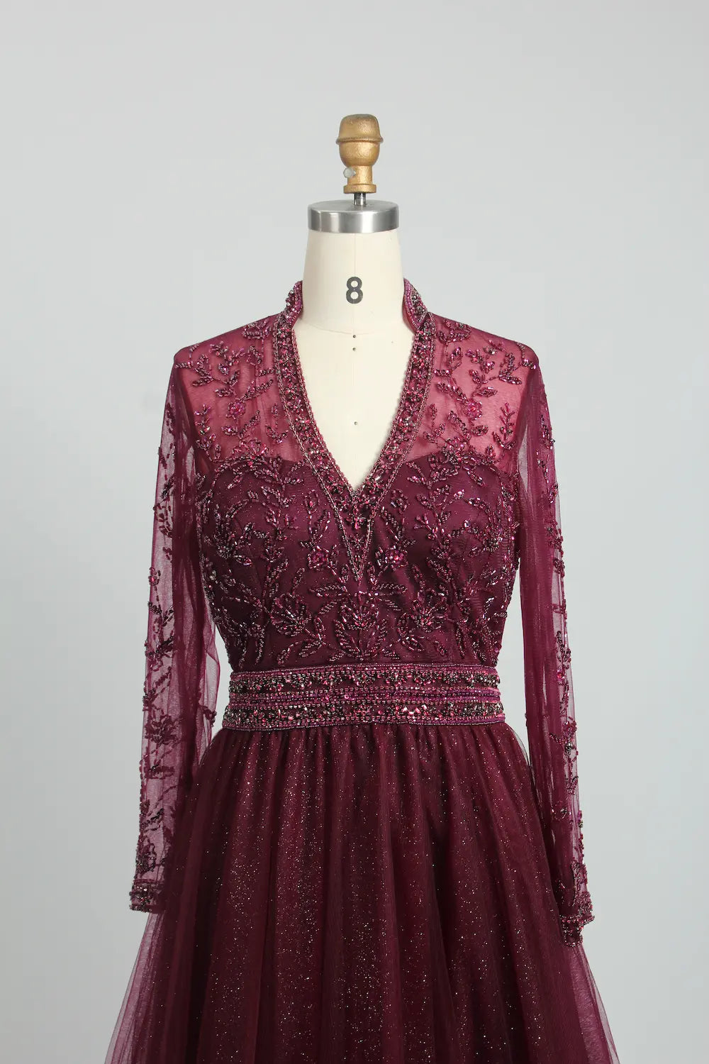 Beaded Long Sleeve V-Neck A-Line Mother of the Bride Dress MC102