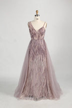 One-Shoulder Beaded Evening Dress with Side Tulle Overskirt MK158