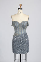 Wholesale Grey Off-Shoulder Sequin Short Prom Dress 33322S