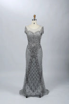 Silver Gray Sophisticated Mermaid Mother of the Bride Dress with Cap Sleeves MC053