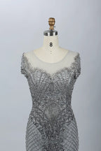 Silver Gray Sophisticated Mermaid Mother of the Bride Dress with Cap Sleeves MC053