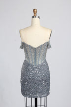 Wholesale Grey Off-Shoulder Sequin Short Prom Dress 33322S