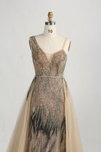 One-Shoulder Beaded Evening Dress with Side Tulle Overskirt MK158