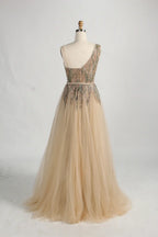 One-Shoulder Beaded Evening Dress with Side Tulle Overskirt MK158
