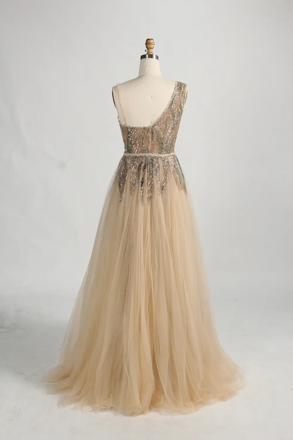 One-Shoulder Beaded Evening Dress with Side Tulle Overskirt MK158