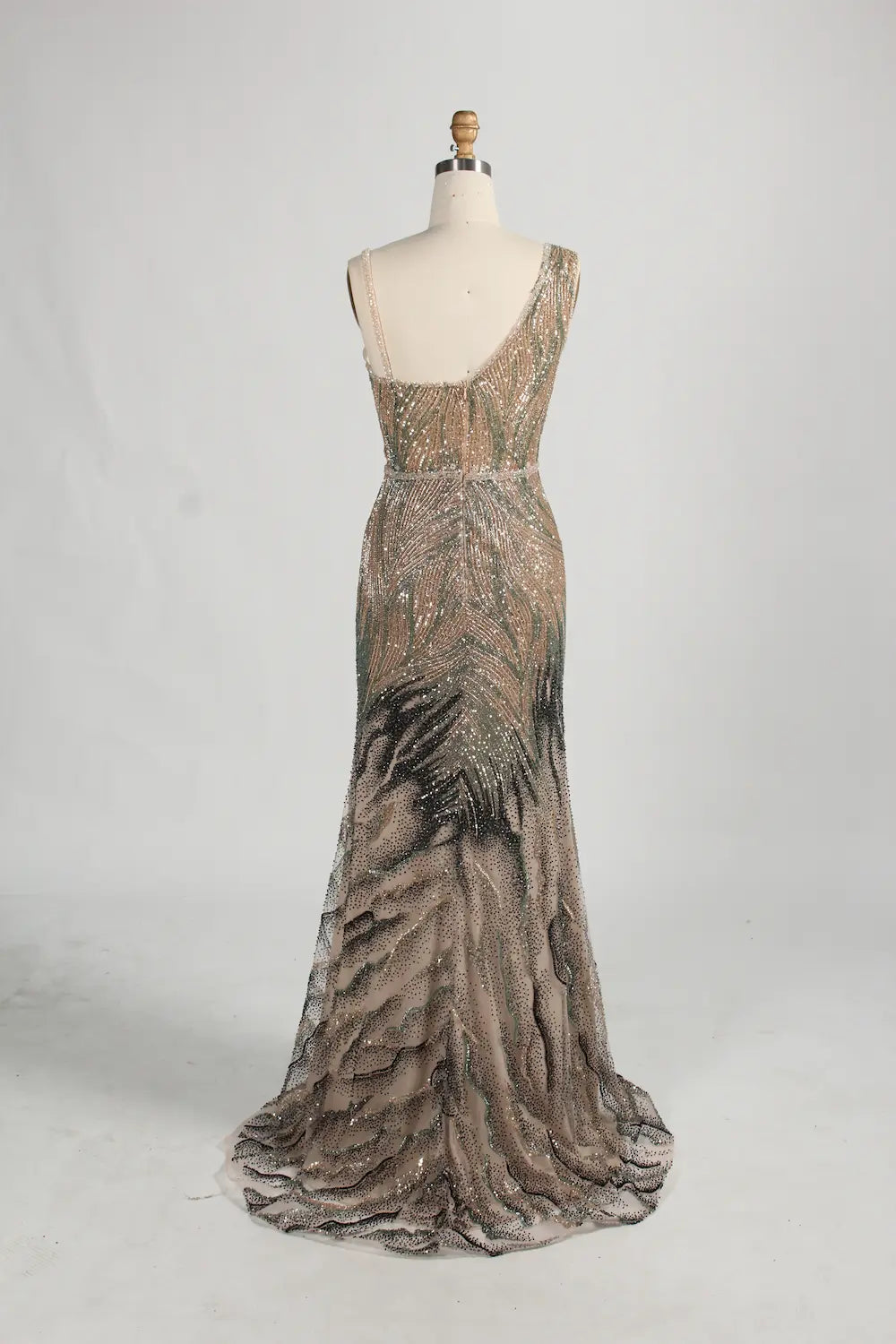 One-Shoulder Beaded Evening Dress with Side Tulle Overskirt MK158
