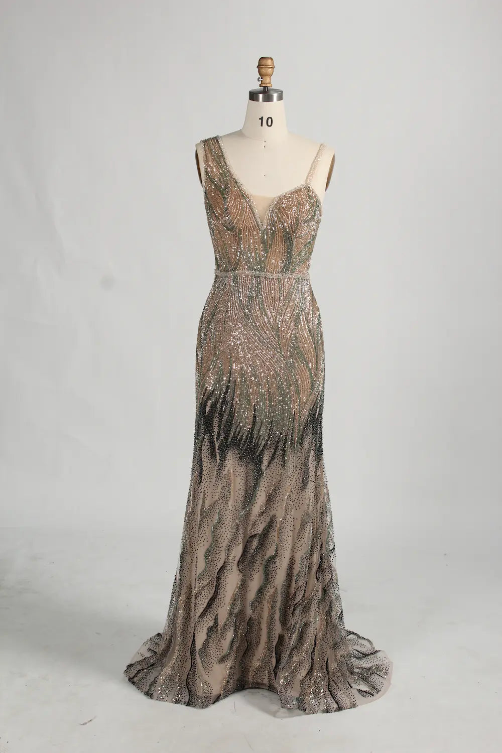 One-Shoulder Beaded Evening Dress with Side Tulle Overskirt MK158