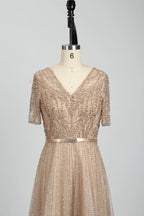 V-Neck Sparkling A-Line Mother of the Bride Dress with Short Sleeves MC083