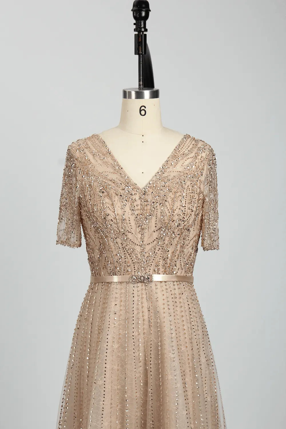V-Neck Sparkling A-Line Mother of the Bride Dress with Short Sleeves MC083