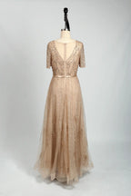 V-Neck Sparkling A-Line Mother of the Bride Dress with Short Sleeves MC083