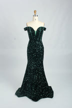 A photograph of a mannequin showcasing an off-the-shoulder, floor-length red sequin gown with a plunging V-neckline. The dress has a fitted bodice and a flared skirt, creating a glamorous, elegant appearance. The mannequin stands against a plain white background, emphasizing the dress's vibrant color and intricate details.08