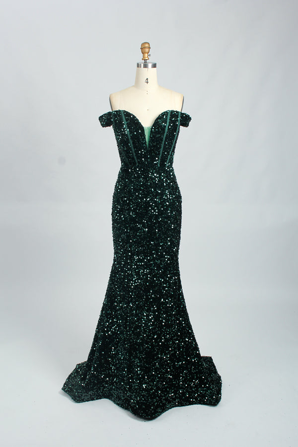 A photograph of a mannequin showcasing an off-the-shoulder, floor-length red sequin gown with a plunging V-neckline. The dress has a fitted bodice and a flared skirt, creating a glamorous, elegant appearance. The mannequin stands against a plain white background, emphasizing the dress's vibrant color and intricate details.08
