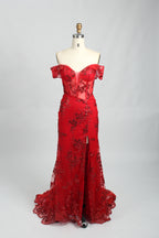 This photograph features a mannequin wearing an elegant, floor-length black lace gown. The gown has a sweetheart neckline, off-the-shoulder sleeves, and a high slit on one side, revealing a black thigh-high stocking. The intricate lace pattern is delicate and ornate, adding texture and visual interest. The mannequin stands against a plain, light beige background, emphasizing the dress's details. The number "2" is displayed on the mannequin's chest.08