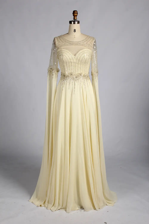 Champagne chiffon A-line mother of the bride dress with beaded bodice and long sleeves