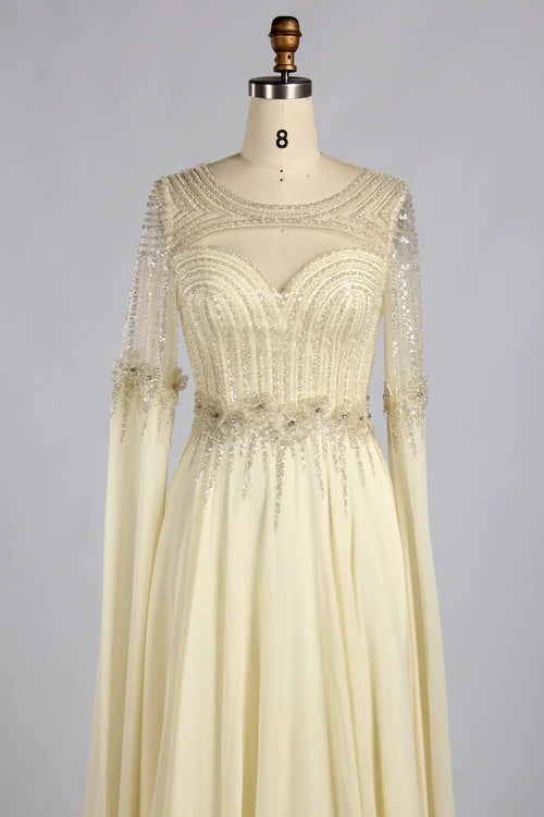 Champagne beaded chiffon mother of the bride dress with lace-like bodice and long sleeves