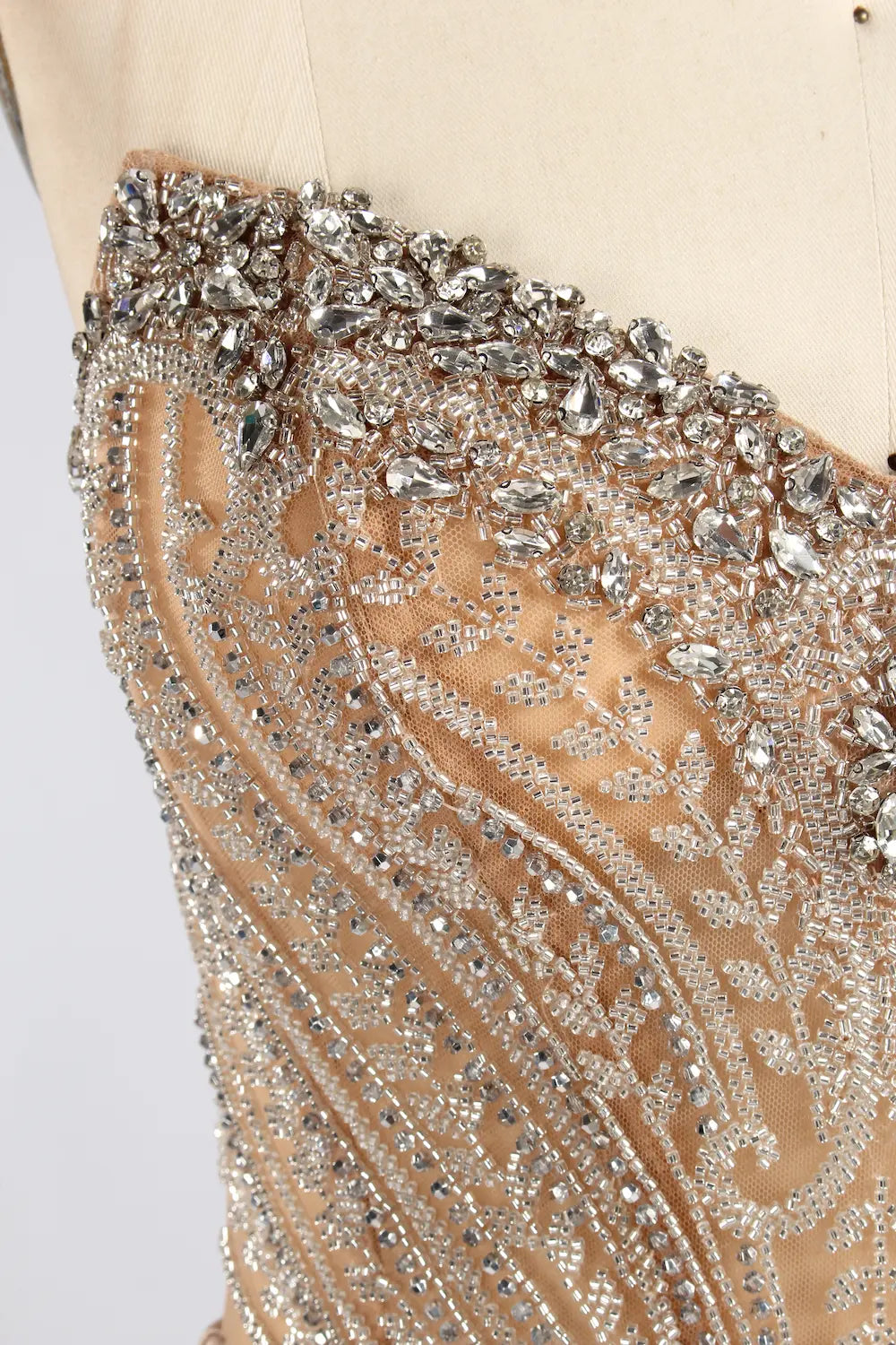 Champagne Strapless Beaded Sequin Satin Slit Evening Gown MC186