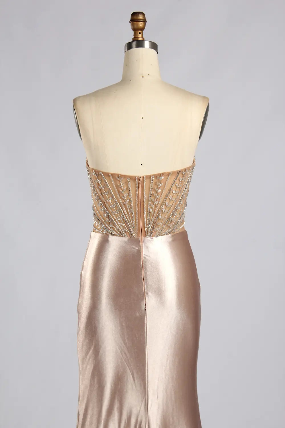 Champagne Strapless Beaded Sequin Satin Slit Evening Gown MC186