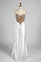 White Strapless Satin Mermaid Evening Gown with Beaded Corset Bodice MC187