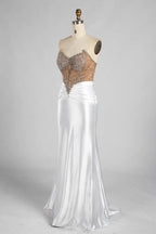 White Strapless Satin Mermaid Evening Gown with Beaded Corset Bodice MC187