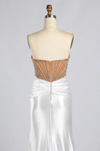 White Strapless Satin Mermaid Evening Gown with Beaded Corset Bodice MC187