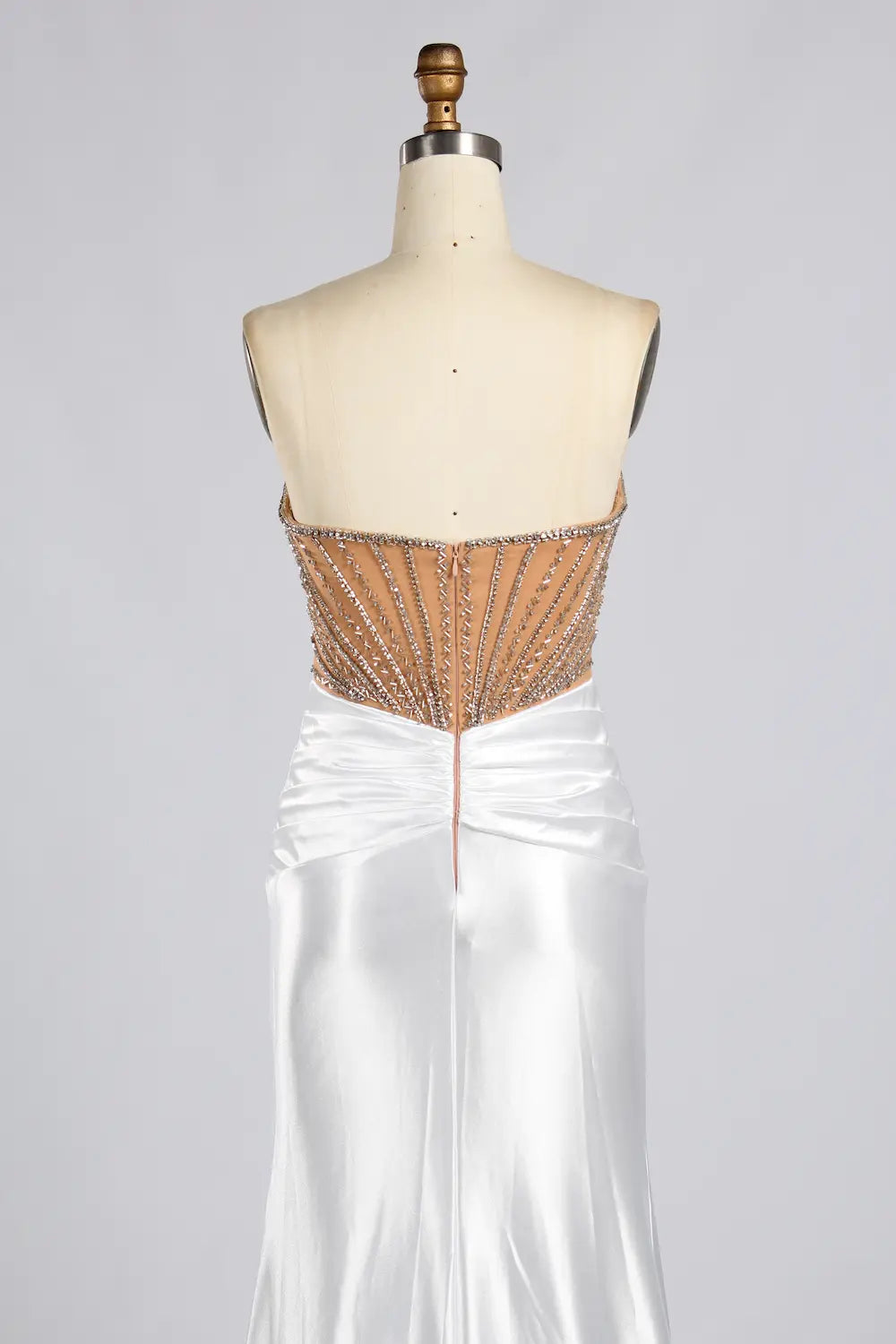 White Strapless Satin Mermaid Evening Gown with Beaded Corset Bodice MC187