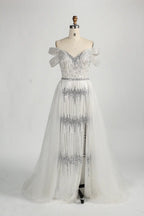 Off the Shoulder Beaded White Evening Dress MC125