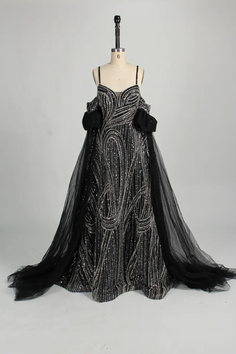 Beaded Sequined Black A-Line Mother of the Bride Dress with Cape MC126