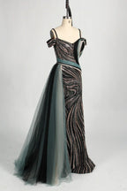 Off the Shoulder Sequined Black Evening Dress with Side Train MC127